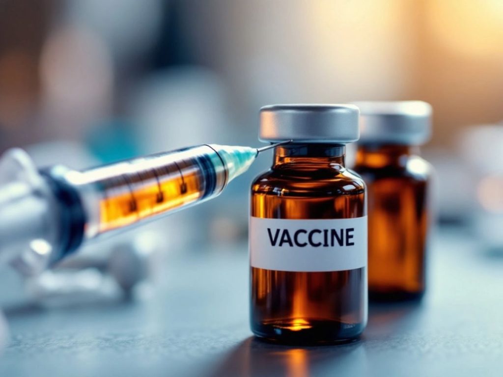 Siringă și flacon de vaccin într-un mediu medical.