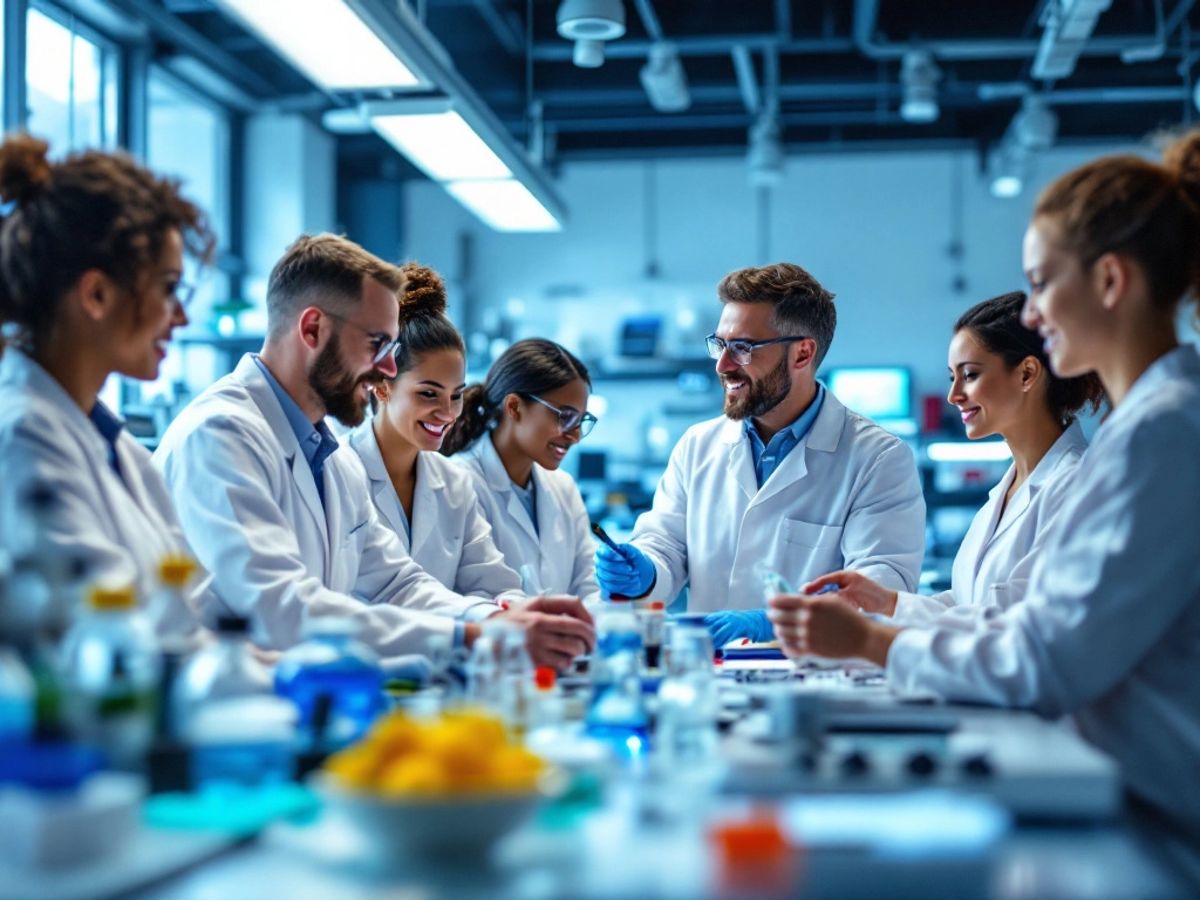 Cercetători medicali într-un laborator modern, colaborând.