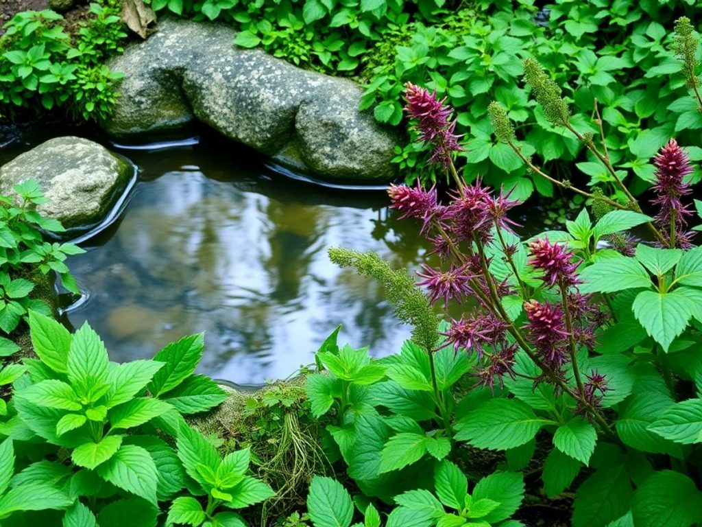 Peisaj natural cu plante medicinale și apă liniștită.