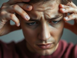 Persoană simțindu-se rău, ținându-se de cap.