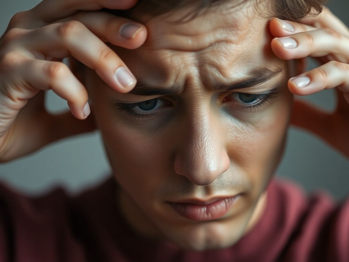 Persoană simțindu-se rău, ținându-se de cap.