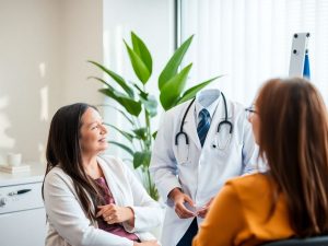 Medicul discutând cu pacientul într-un cabinet medical.