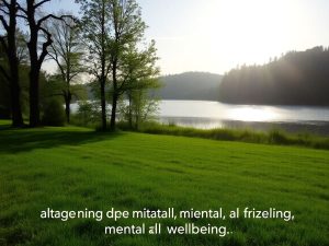 Peisaj natural liniștitor cu verdeață și lac calm.