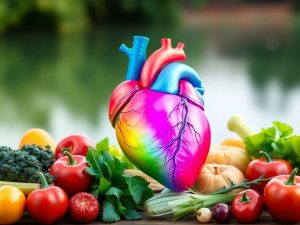 Inimă sănătoasă cu fructe și legume proaspete.