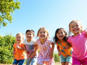 Copii fericiți jucându-se în aer liber, sănătoși.