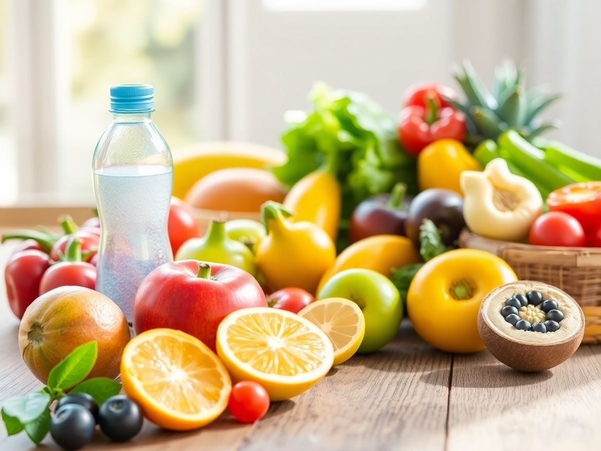 Fructe proaspete și legume pe o masă de lemn.