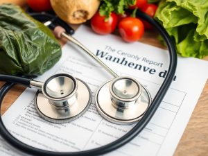 Stetoscop și alimente sănătoase pe un raport medical.