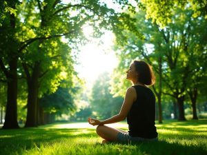 O persoană meditează într-un parc verde și luminos.