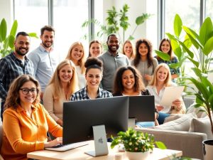 Angajați zâmbitori și sănătoși într-un birou modern și luminos.