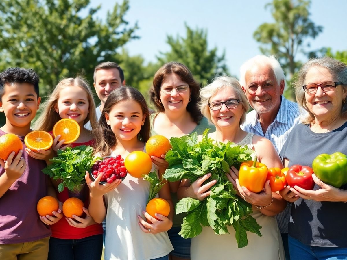 Oameni zâmbitori, tineri și bătrâni, cu fructe și legume proaspete.