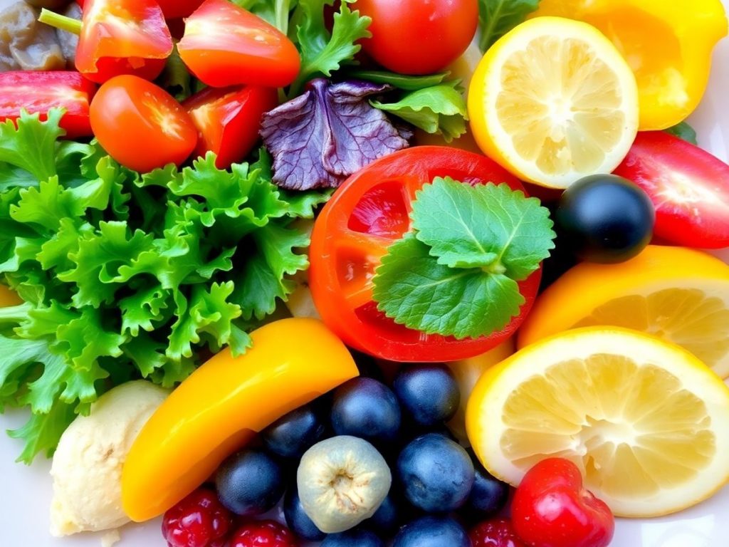Masă colorată cu legume proaspete și fructe de sezon.