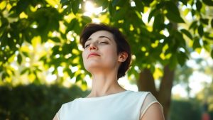 Persoană meditând în natură, lumină blândă, liniște.