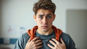 Tânăr ținându-se de piept într-un spital