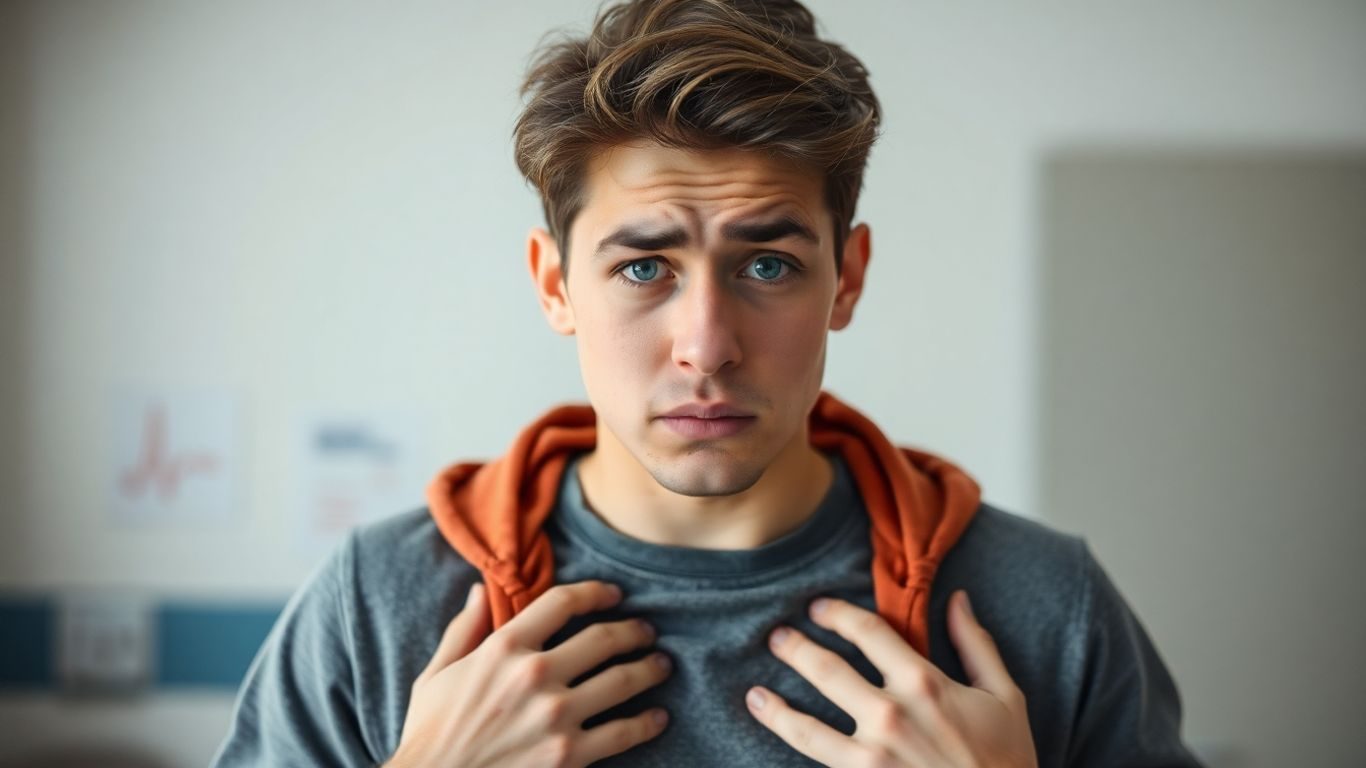 Tânăr ținându-se de piept într-un spital