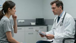 Pacient îngrijorat discutând cu medicul despre diagnostic.